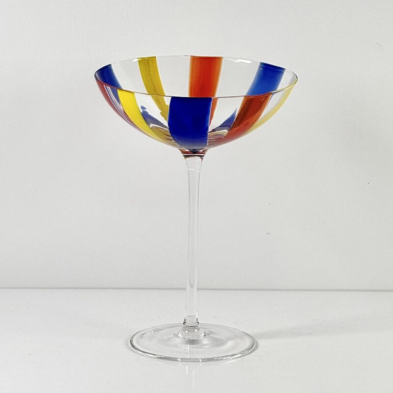 Chất lượng Hand Blown Art Glass Goblet & Coupe Glass Set, Vibrant Red Yellow Blue Vertical Cane Stripes Murano Style Stemmed Wine & Martini Glasses for Bar, Party & Gift nhà máy