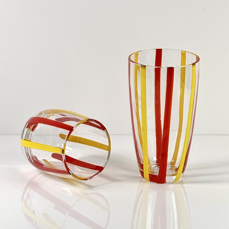 Chất lượng Hand Blown Colored Cane Striped Glass Tumbler & Bowl Set, Murano Style Red Yellow Vertical Stripe Drinking Cups and Snack Bowl, Lead-Free Art Glass for Water, Juice, Table Decor nhà máy