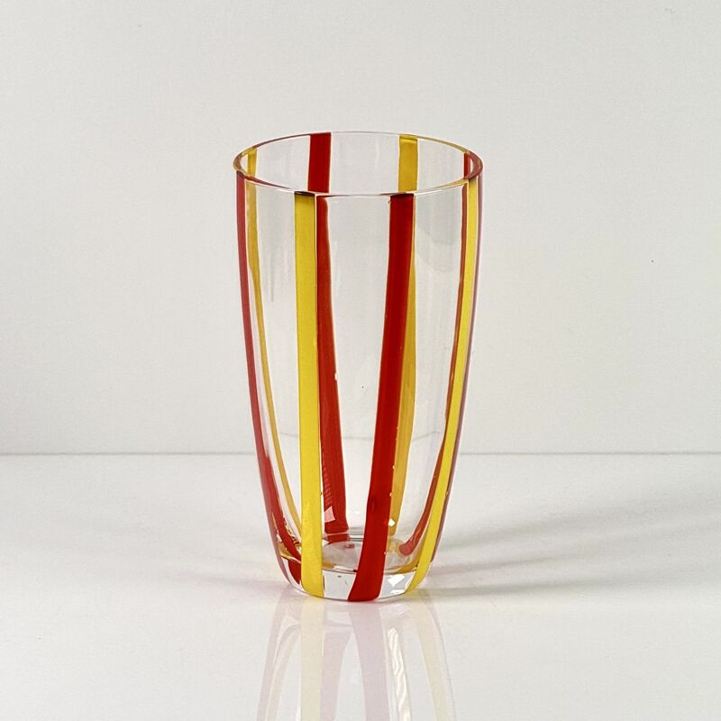 Chất lượng Hand Blown Colored Cane Striped Glass Tumbler & Bowl Set, Murano Style Red Yellow Vertical Stripe Drinking Cups and Snack Bowl, Lead-Free Art Glass for Water, Juice, Table Decor nhà máy