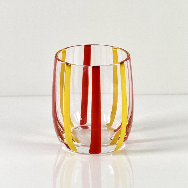 Chất lượng Hand Blown Colored Cane Striped Glass Tumbler & Bowl Set, Murano Style Red Yellow Vertical Stripe Drinking Cups and Snack Bowl, Lead-Free Art Glass for Water, Juice, Table Decor nhà máy