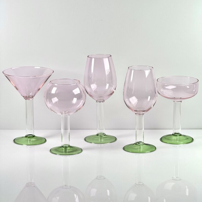 Chất lượng Hand Blown Borosilicate Stemmed Wine & Cocktail Glass Set, Pink Bowl with Green Hollow Stem Base, Colored Spray Tinted Art Goblets for Bar, Wedding & Table Decor nhà máy