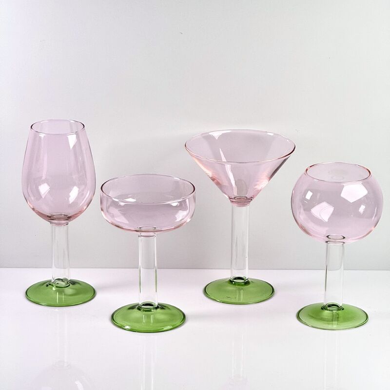 Chất lượng Hand Blown Borosilicate Stemmed Wine & Cocktail Glass Set, Pink Bowl with Green Hollow Stem Base, Colored Spray Tinted Art Goblets for Bar, Wedding & Table Decor nhà máy