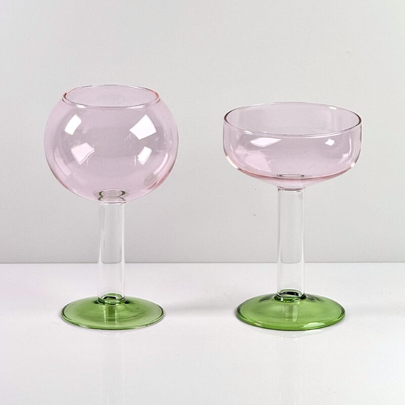 Chất lượng Hand Blown Borosilicate Stemmed Wine & Cocktail Glass Set, Pink Bowl with Green Hollow Stem Base, Colored Spray Tinted Art Goblets for Bar, Wedding & Table Decor nhà máy