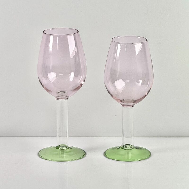 Chất lượng Hand Blown Borosilicate Stemmed Wine & Cocktail Glass Set, Pink Bowl with Green Hollow Stem Base, Colored Spray Tinted Art Goblets for Bar, Wedding & Table Decor nhà máy