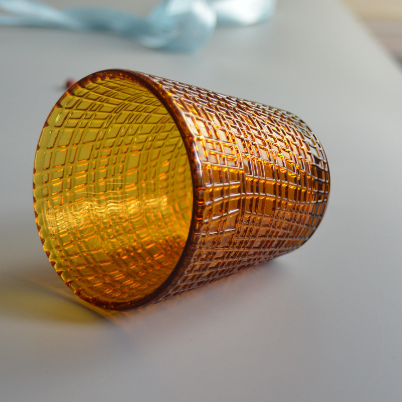 chất lượng Embossed Linen Pattern Solid Amber Glass Tea Light Holders nhà máy sản xuất