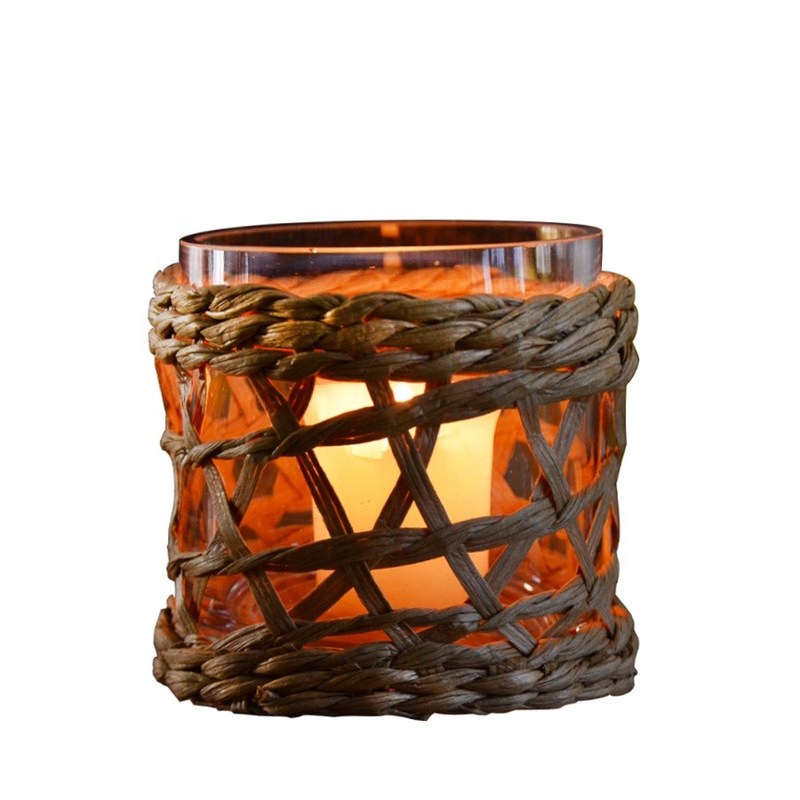 chất lượng Round Creative Glass Candle Holders With Wicker Sleeve nhà máy sản xuất