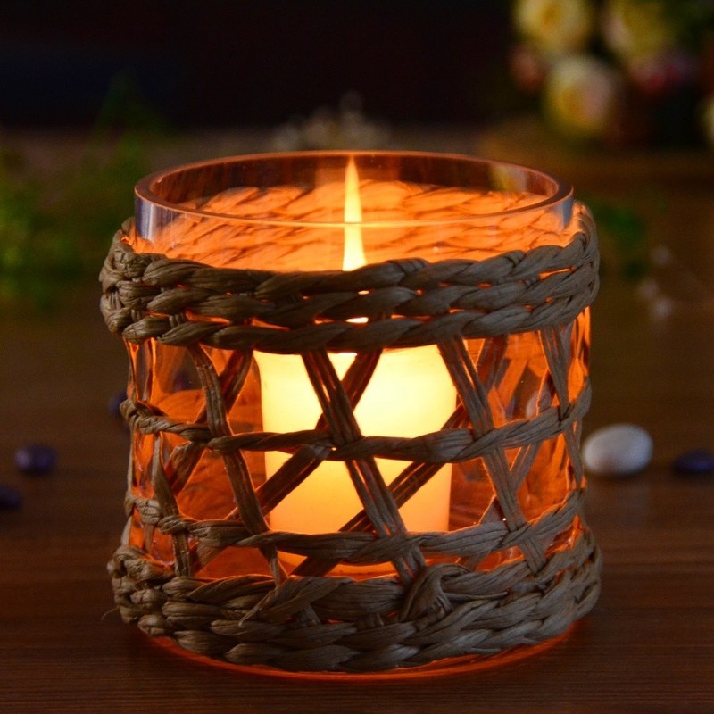 chất lượng Round Creative Glass Candle Holders With Wicker Sleeve nhà máy sản xuất