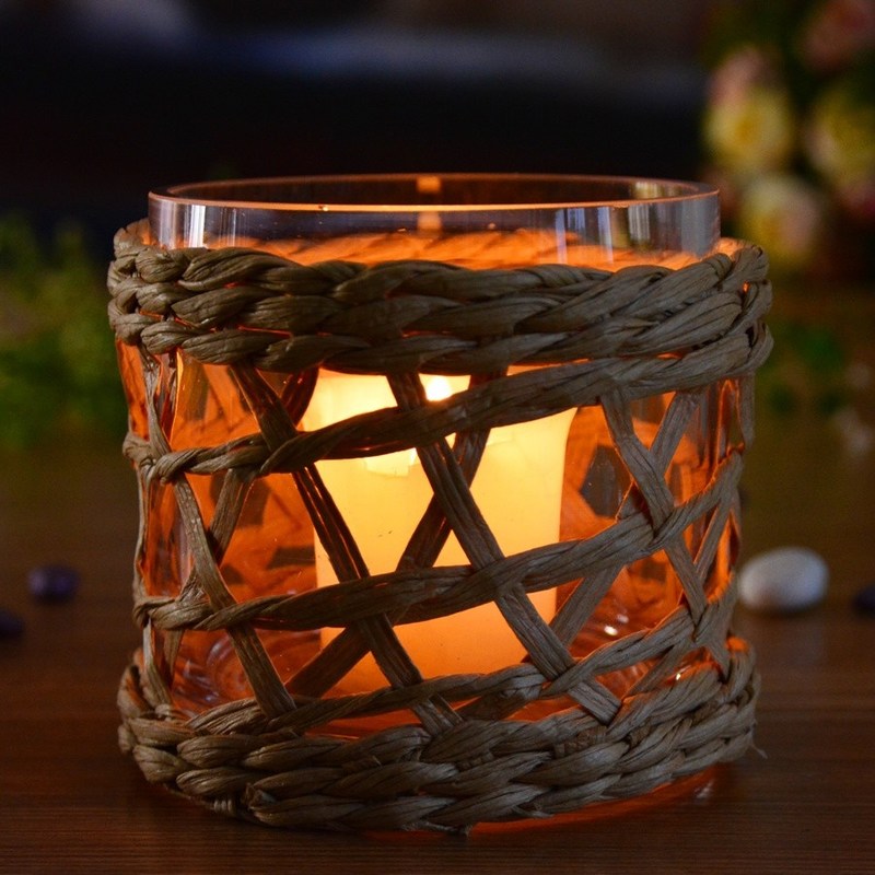chất lượng Round Creative Glass Candle Holders With Wicker Sleeve nhà máy sản xuất