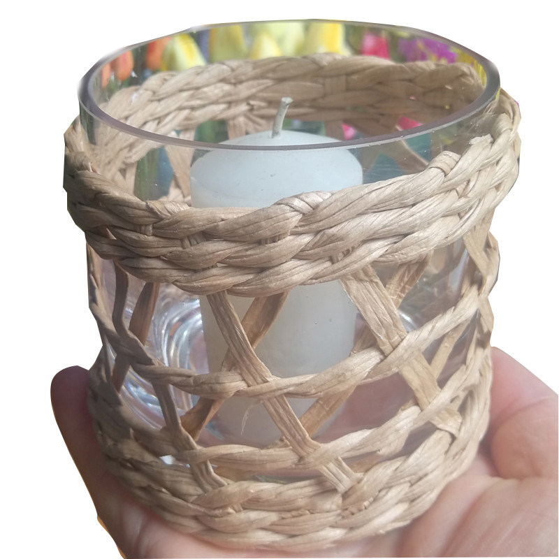 chất lượng Round Creative Glass Candle Holders With Wicker Sleeve nhà máy sản xuất