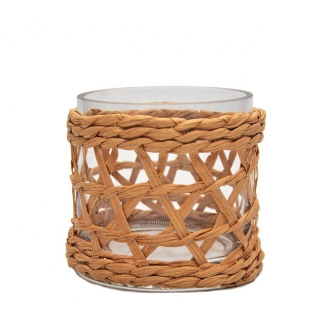 chất lượng Round Creative Glass Candle Holders With Wicker Sleeve nhà máy sản xuất