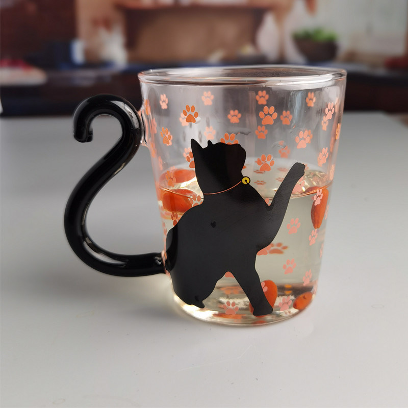 chất lượng Borosilicate Black Cat Tea Glass Mug With Color Tail Handle nhà máy sản xuất