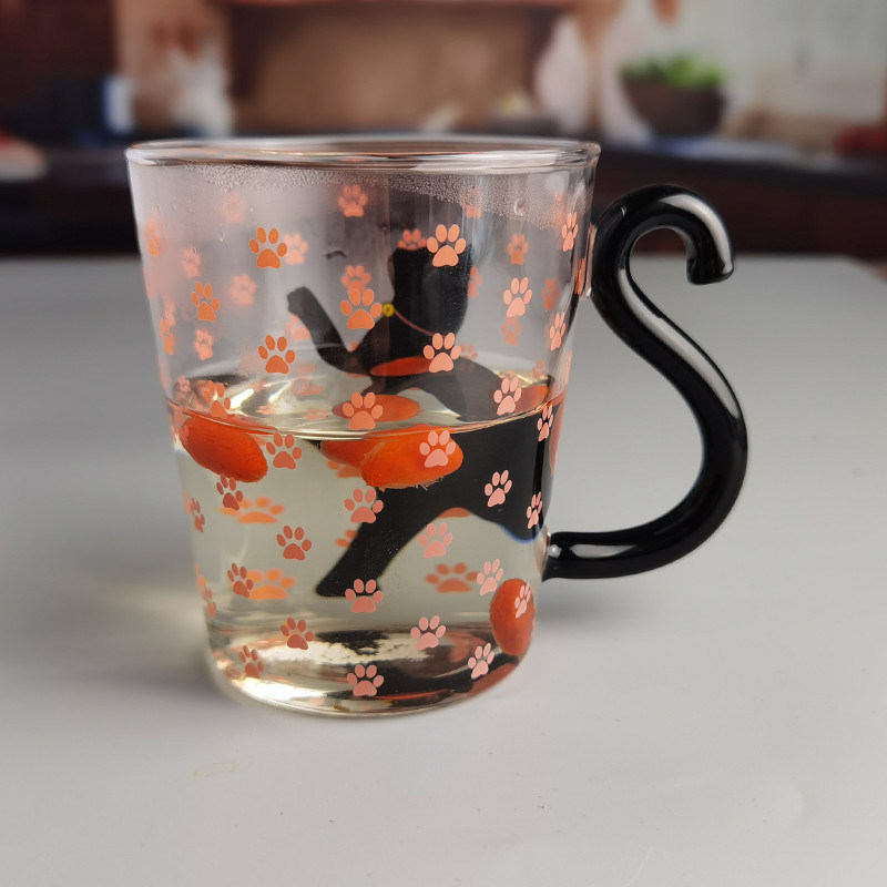 chất lượng Borosilicate Black Cat Tea Glass Mug With Color Tail Handle nhà máy sản xuất