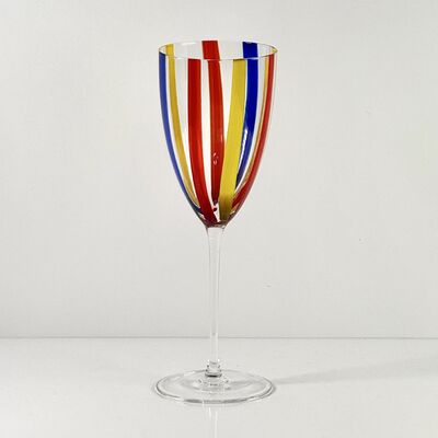 Chất lượng Hand Blown Art Glass Goblet & Coupe Glass Set, Vibrant Red Yellow Blue Vertical Cane Stripes Murano Style Stemmed Wine & Martini Glasses for Bar, Party & Gift nhà máy