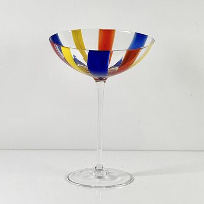 Chất lượng Hand Blown Art Glass Goblet & Coupe Glass Set, Vibrant Red Yellow Blue Vertical Cane Stripes Murano Style Stemmed Wine & Martini Glasses for Bar, Party & Gift nhà máy
