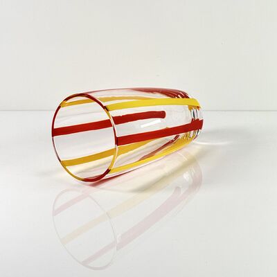 Chất lượng Hand Blown Colored Cane Striped Glass Tumbler & Bowl Set, Murano Style Red Yellow Vertical Stripe Drinking Cups and Snack Bowl, Lead-Free Art Glass for Water, Juice, Table Decor nhà máy