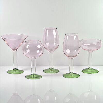 Chất lượng Hand Blown Borosilicate Stemmed Wine & Cocktail Glass Set, Pink Bowl with Green Hollow Stem Base, Colored Spray Tinted Art Goblets for Bar, Wedding & Table Decor nhà máy
