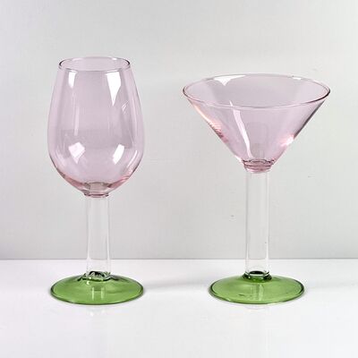 Chất lượng Hand Blown Borosilicate Stemmed Wine & Cocktail Glass Set, Pink Bowl with Green Hollow Stem Base, Colored Spray Tinted Art Goblets for Bar, Wedding & Table Decor nhà máy