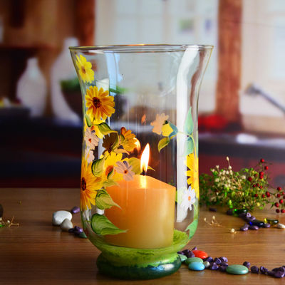 chất lượng Hand Painted Sunflower Pattern Glass Candle Holders For Home nhà máy sản xuất