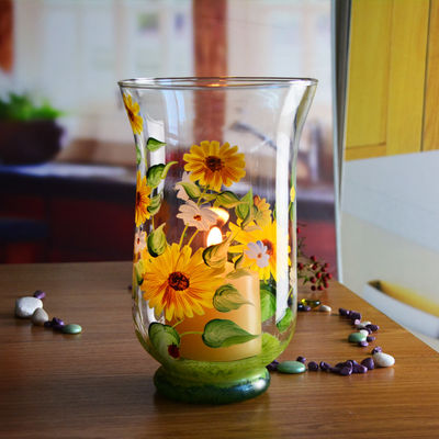 chất lượng Hand Painted Sunflower Pattern Glass Candle Holders For Home nhà máy sản xuất