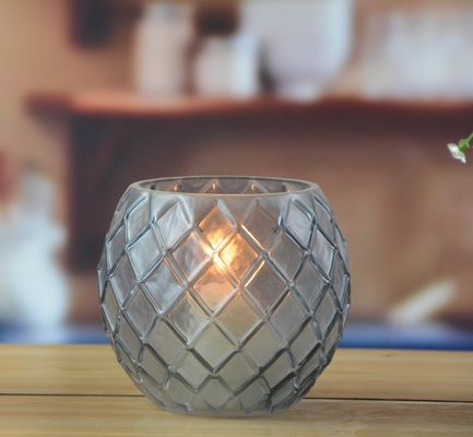 chất lượng 8" Grey Embossed Fence Pattern Glass Candle Holders nhà máy sản xuất
